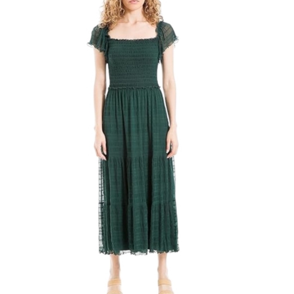 Max Studio Emerald/Dark Teal Midi Smocked Cap-Sleeve Dress - NWT